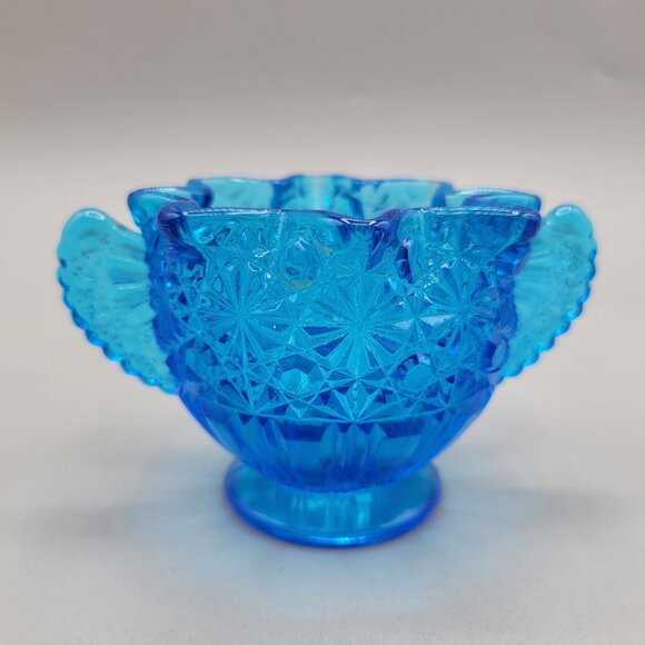 1930s Fenton Daisy and Button Winged Sugar Bowl Blue Art Deco Crimped Top - Picture 3 of 7